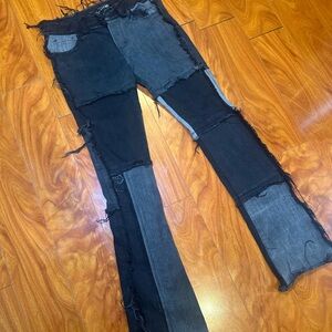 Zara Stacked Patchwork Distressed Jeans in Black and Gray